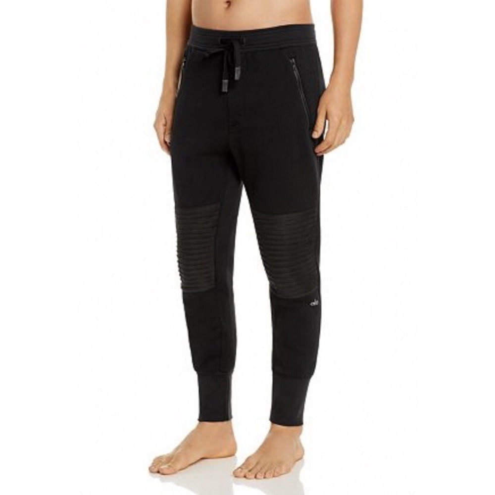 Alo Yoga Mens Moto Lounge Jogger Black Slim Fit Ribbed Knee Sweatpants Size S